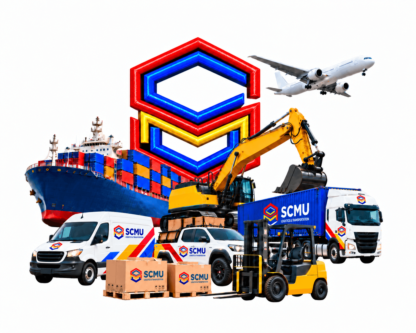 Ilustrasi layanan logistik SCMU melalui pesawat, kapal, forklift, dan truk